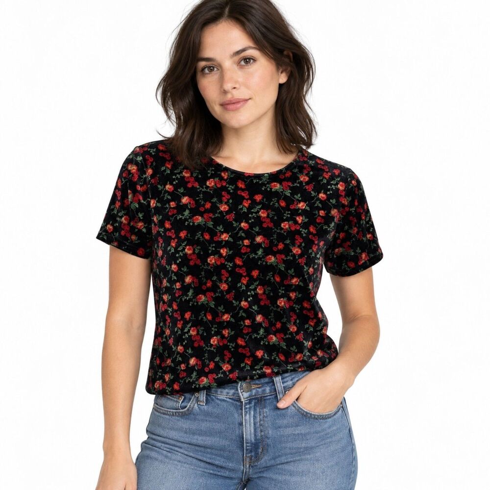 Agenda Vintage Black Red Dark Floral Velvet Short Sleeve Top Sz S Soft Grunge